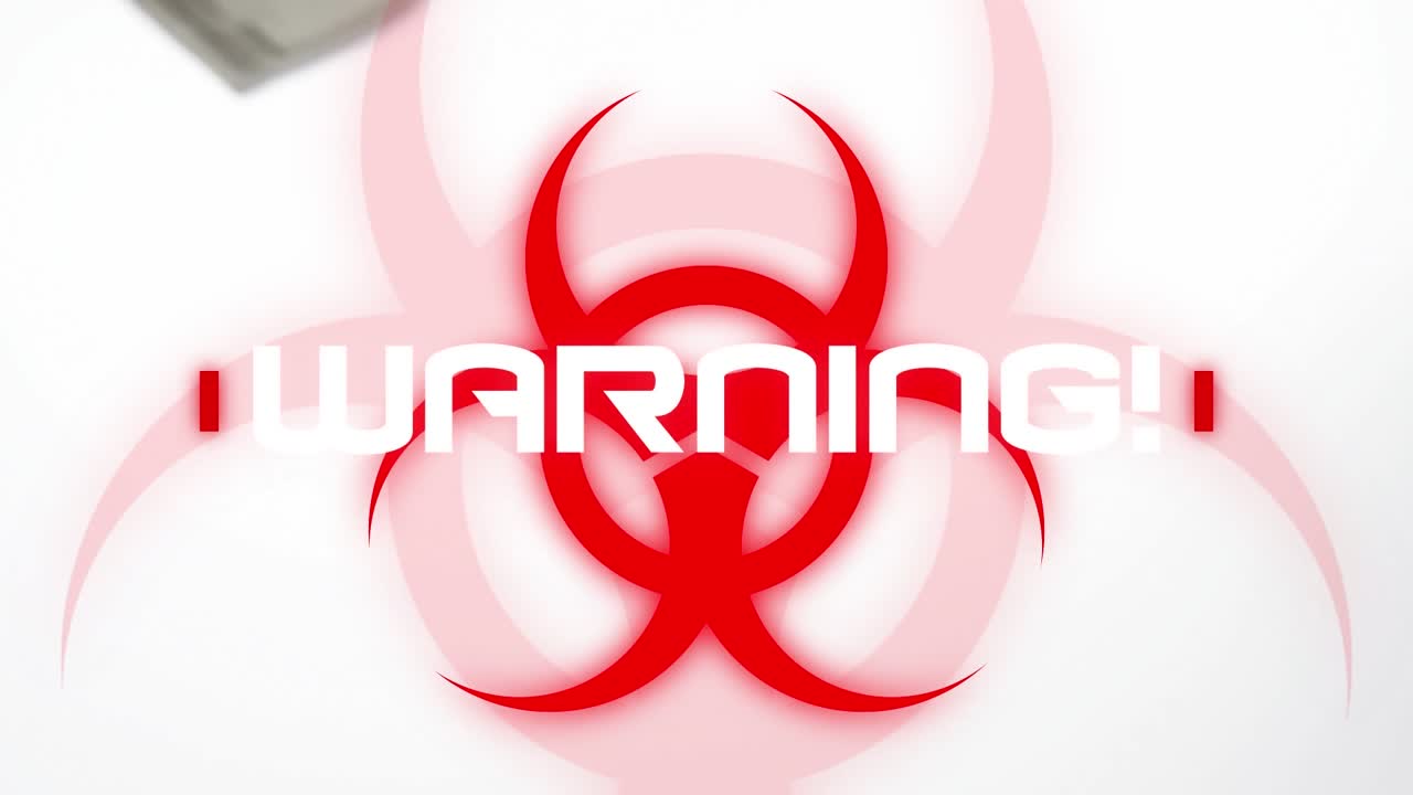 Animation of warning text over biohazard symbol over us dollar bills falling against grey background