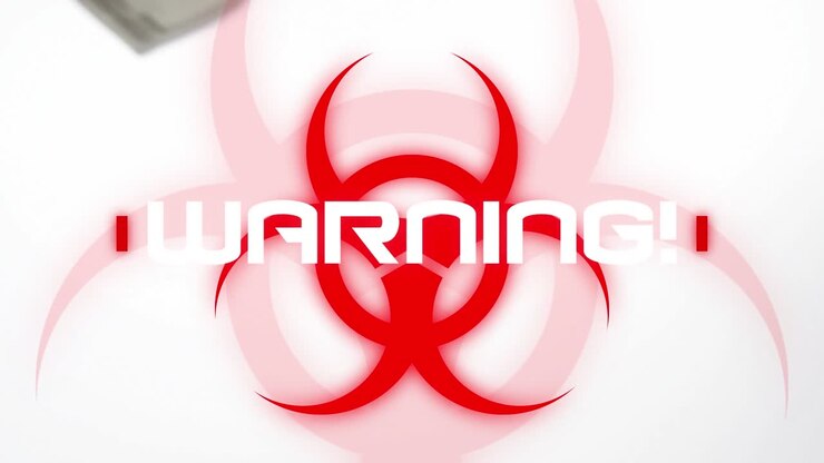 Animation of warning text over biohazard symbol over us dollar bills falling against grey background