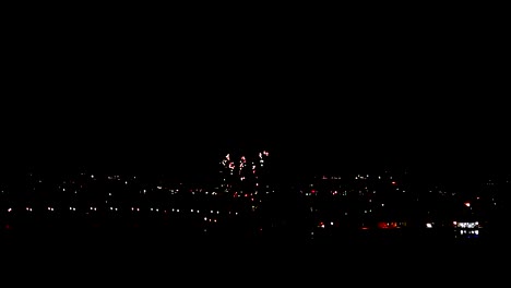 Aerial-View-Of-Fireworks-In-Belmont-Park,-San-Diego,-California---Drone-Shot