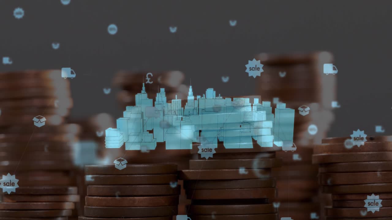 animación de paisajes urbanos digitales e íconos sobre monedas