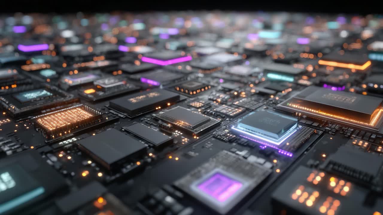 A Close-Up View of a Complex Circuit Board with Illuminated Microchips and Processing Units Showcasing the Intricacy of Modern Technology