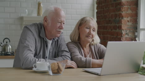 senior couple using laptop in kitchen