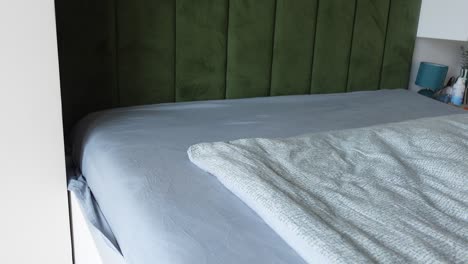bedroom interior with green wall and gray bedding
