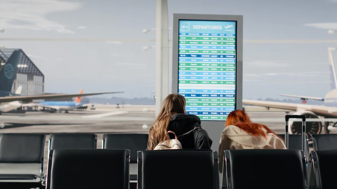 Irmãs no terminal do aeroporto sentadas em cadeiras, verificando o painel de partidas