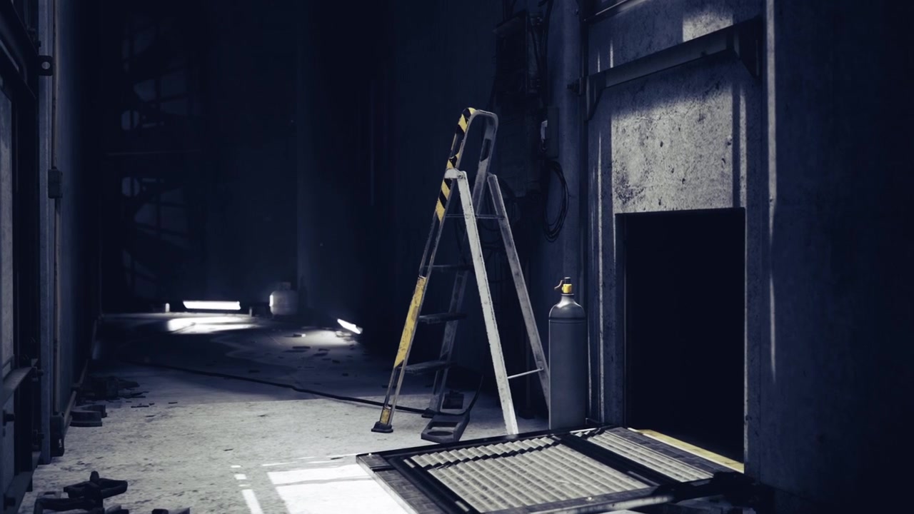 Dark abandoned hall filled with peeling paint and scattered wreckage