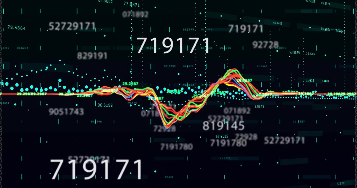 Digit rain initiating multicolored waveform aligning on glowing dot baseline depicting peak numbers