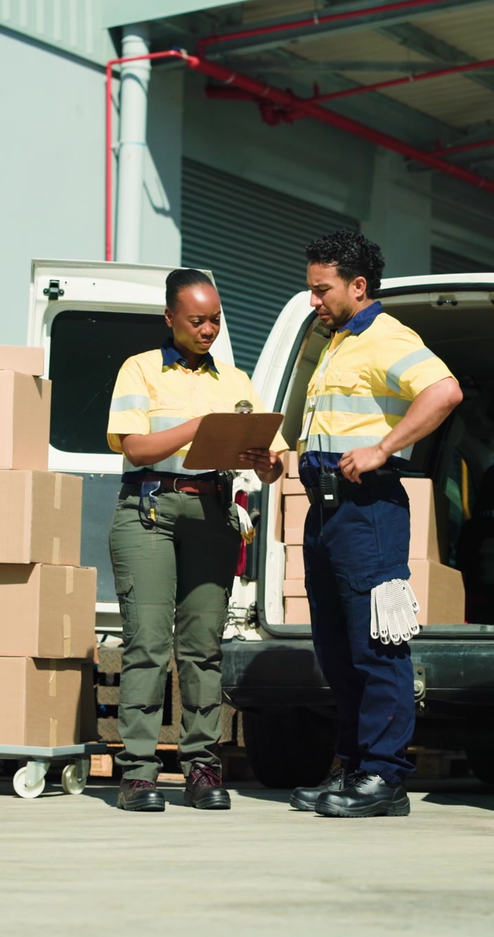 Delivery Workers Checking Shipment and Loading Cardboard Boxes into Van