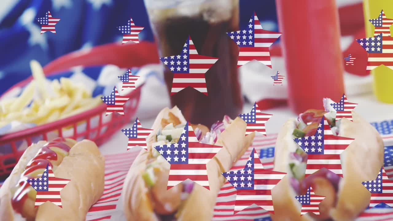 핫도그 위에 미국  ⁇ 발이 있는 별들의 애니메이션