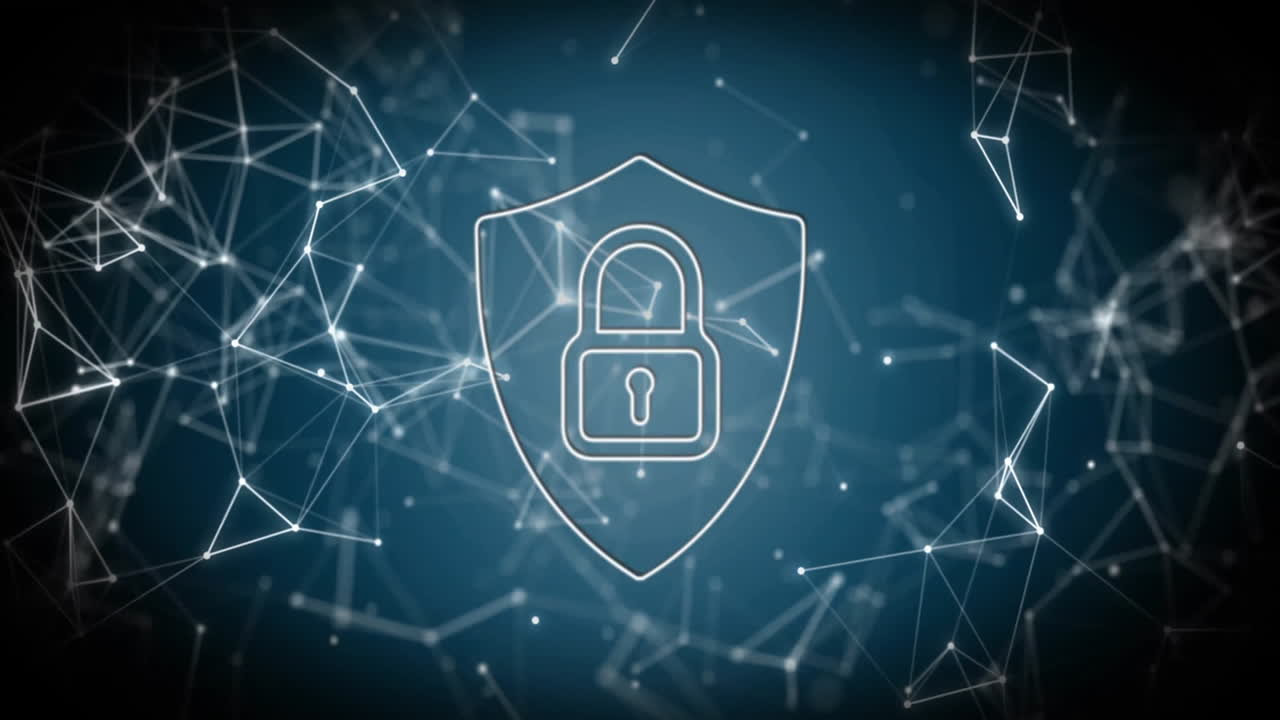 Lock and shield icon animation over network of connections and data