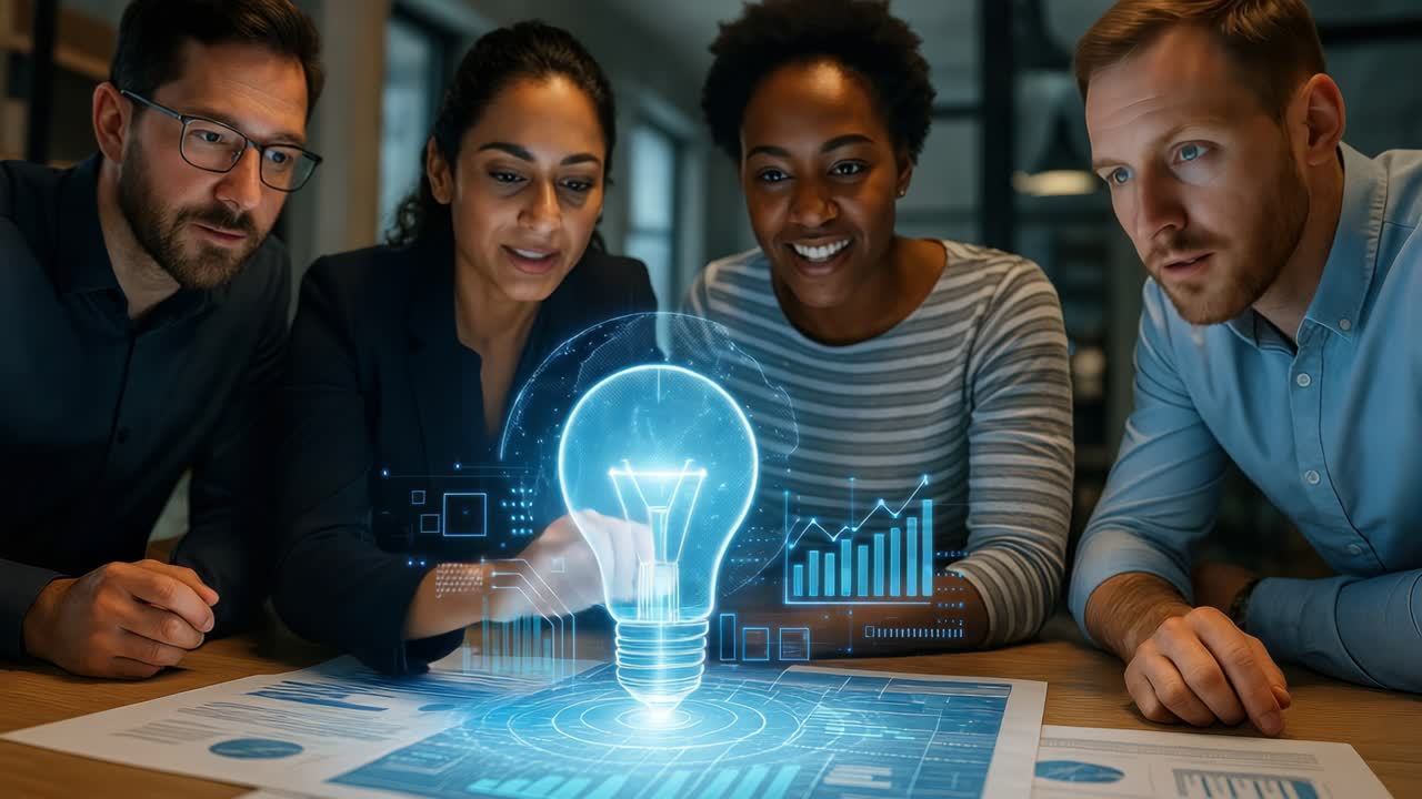A diverse team examines a holographic light bulb and charts on a table video