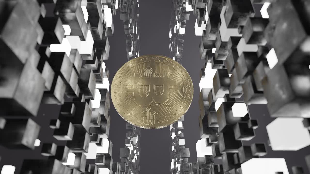 Bitcoin coin floating inside abstract tunnel of black and white cubic blocks. 3D digital cryptocurrency symbol. Blockchain and virtual currency concept. vertical