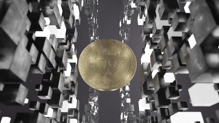 Moneta Bitcoin che fluttua all'interno di un tunnel astratto di blocchi cubici bianchi e neri. Simbolo di criptovaluta digitale 3D. Concetto di blockchain e valuta virtuale. Verticale.