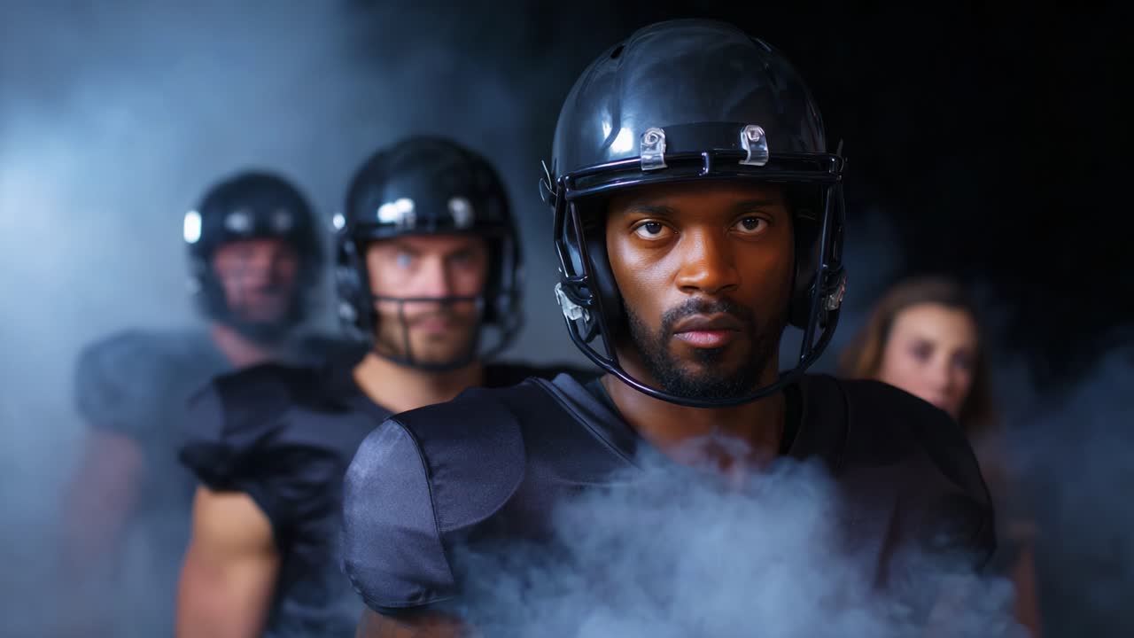 Intense Moments Captured: A Focused Football Player in Black Gear Steps Through a Smoke-Filled Tunnel with Teammates, Ready for the Game Ahead