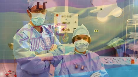 Animation-of-flag-of-spain-waving-over-surgeons-in-operating-theatre