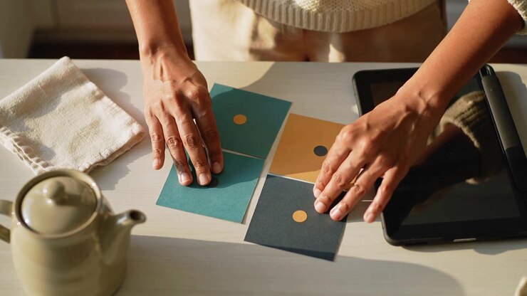 Entering frame, hands wearing sweater aligning four swatches, comparing at home table with tablet