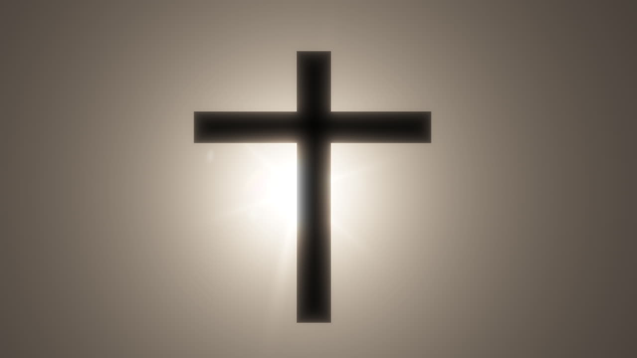 Destello solar moviéndose de izquierda a derecha con una cruz cristiana en primer plano silueteada por la luz. Presentaciones religiosas, fondos de adoración y branding minimalista de temática religiosa
