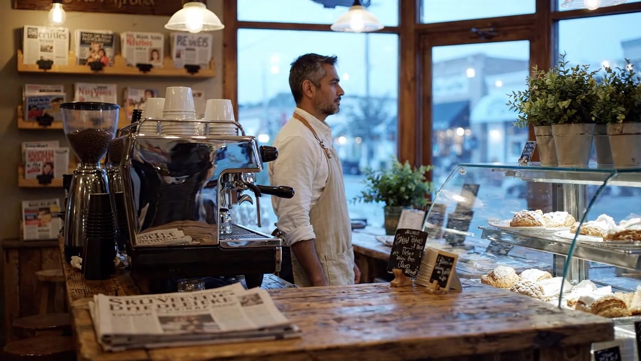 Un'atmosfera serena da caffè con un barista concentrato che serve i clienti, mentre espone una varietà di prodotti da forno in un ambiente accogliente e ben illuminato.
