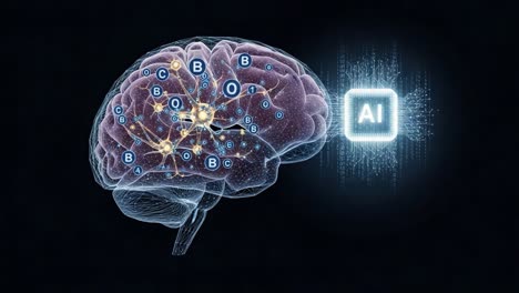 representation of artificial intelligence integrating with human brain networks, showcasing neural connections and process of cognitive function enhancement