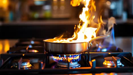 a frying pan on a gas stove with flames coming out of it