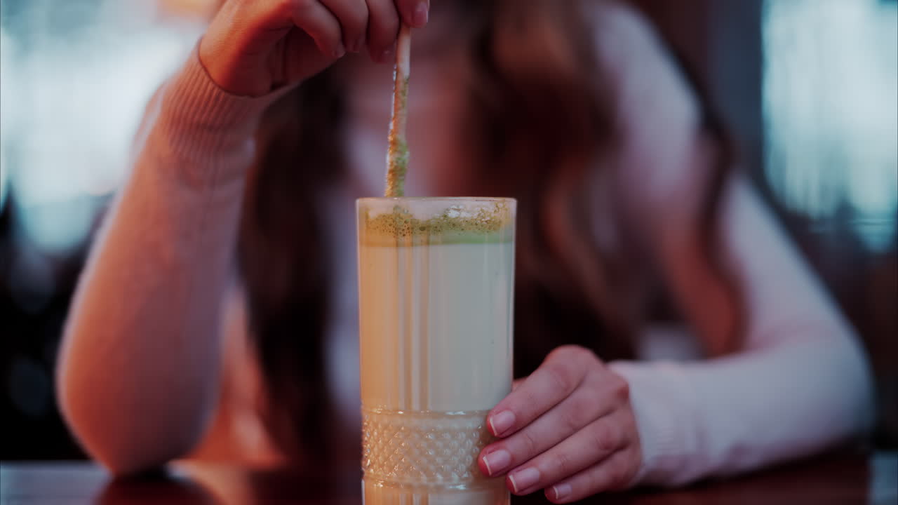 Close up of a woman mixing a matcha latte with a paper straw at a cafe