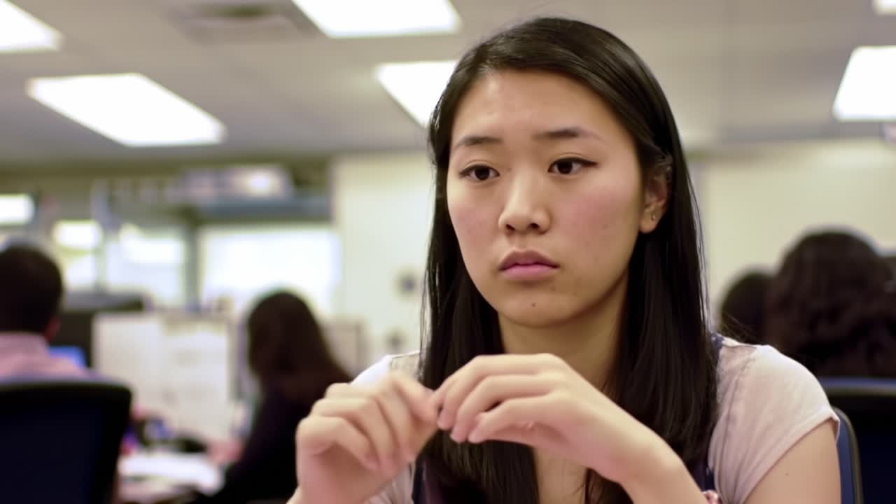 A young woman appears deep in thought in a bustling office environment filled with coworkers. Her focused expression suggests she is considering important tasks or decisions.