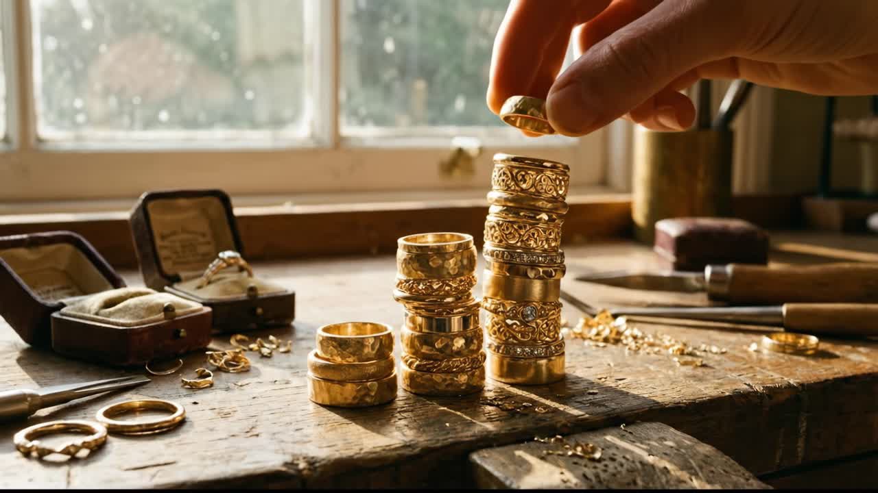 Goldsmith's Hand Stacking Ornate Gold Rings on a Workbench