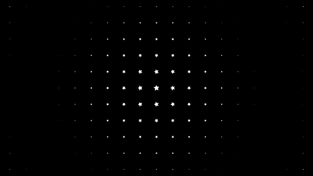 composición dinámica con estrellas blancas a escala en fondo negro. animación de patrón vintage