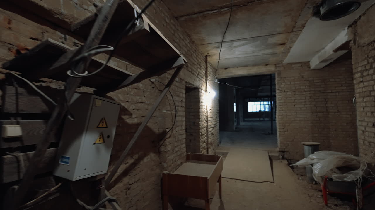 Brick wall corridor in the newly-built premise. A walk by the interior of the unfinished building.