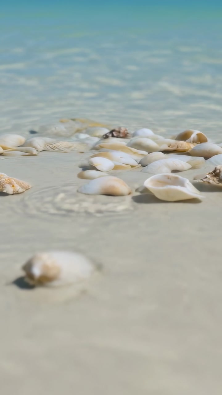 Vertical video: Pulling camera from low, moving back on beach and showing shell cluster and ripples