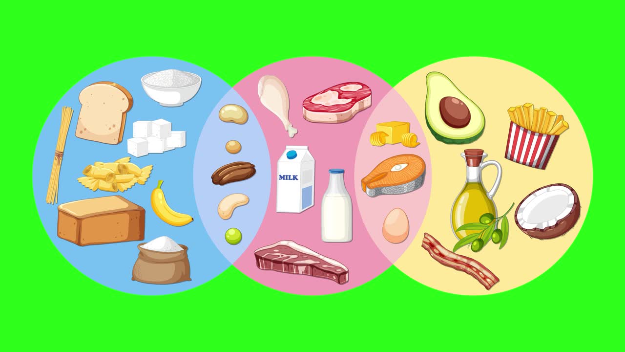 Three overlapping circles fill with illustrated food items, forming a colorful, organized Venn diagram