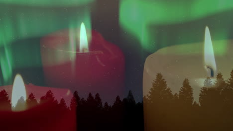 Animación-De-Velas-Encendidas-Sobre-La-Silueta-Del-Bosque-Con-La-Aurora-Boreal-En-El-Fondo