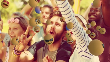 emoji icons with friends taking selfie in the background 4k