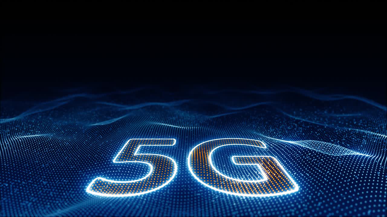 motion graphic di ondata di particelle blu incandescente con logo 5g arancione tecnologia futuristica su sfondo astratto video a loop senza cuciture