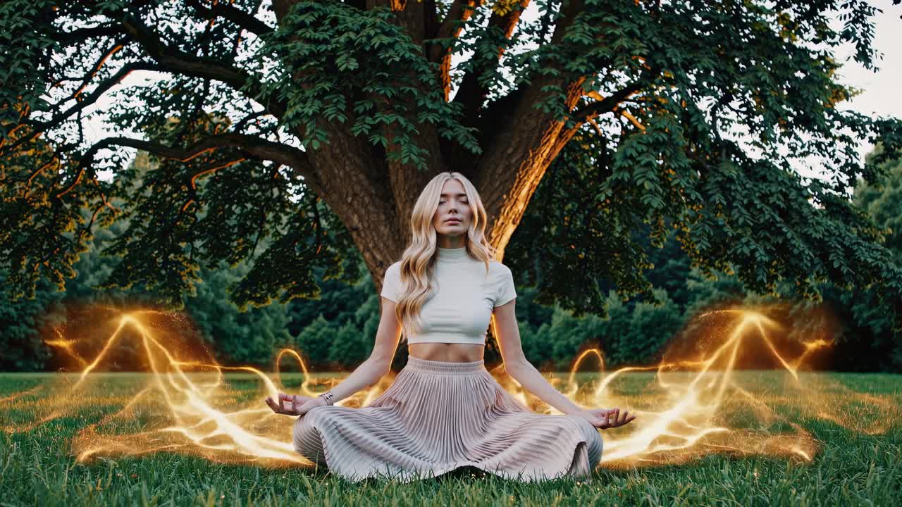 Blonde woman practicing meditation in a park, sitting in lotus position under a large tree, with glowing golden energy trails swirling around her, creating a mystical and serene atmosphere