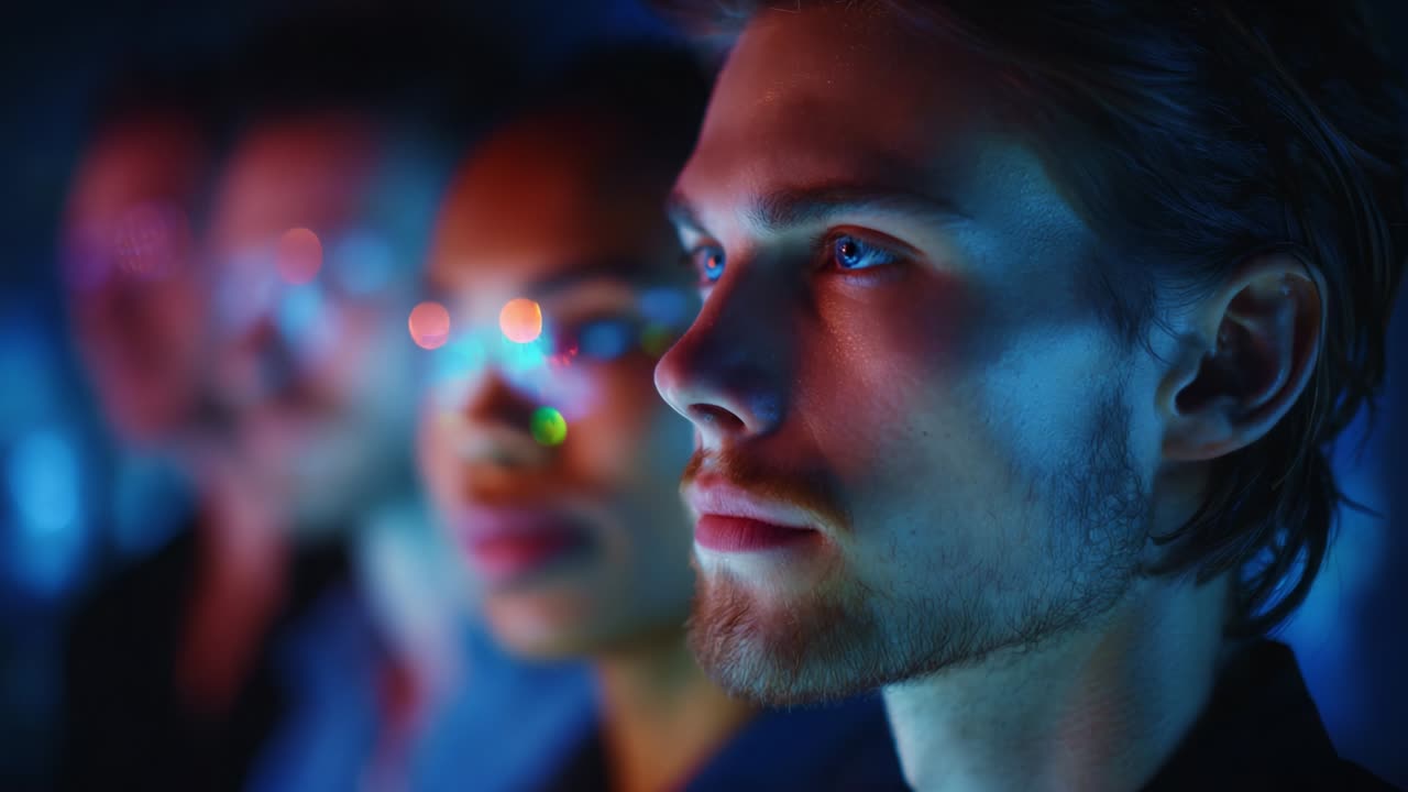 A Captivating Journey Through Expression and Emotion: A Close-Up of Diverse Faces Captured in a Visually Stunning Scene with Colorful Lighting and Intense Focus, Highlighting Individuality and Connection
