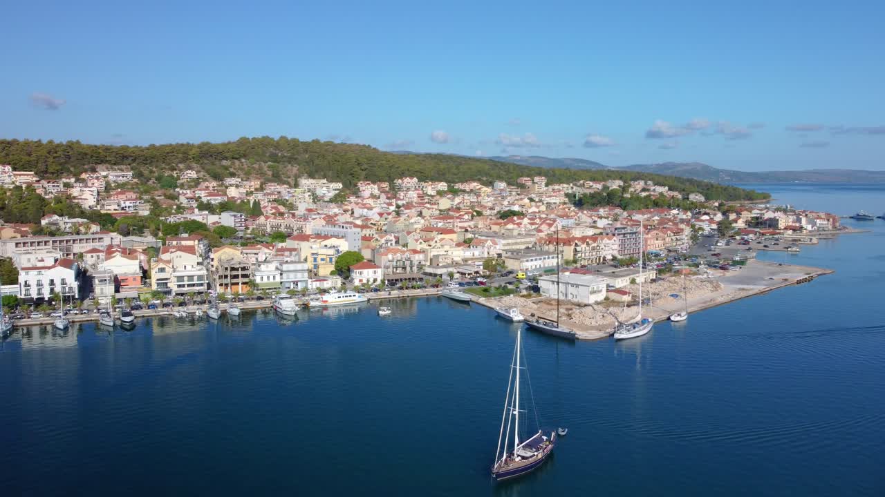 Aerial drone video of Argostoli, famous city and capital of Cefalonia island at dawn, Ionian, Greece