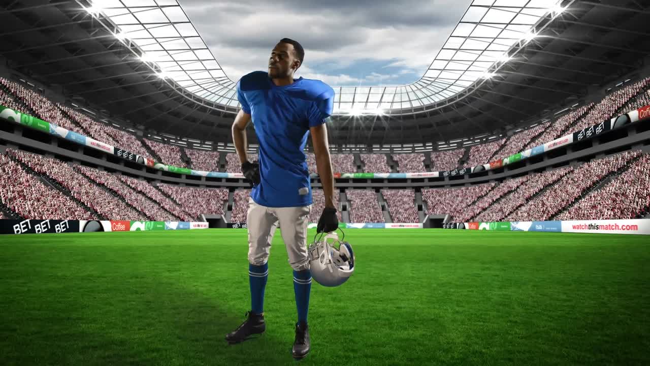 Animation eines American-Football-Spielers über einem Sportstadion
