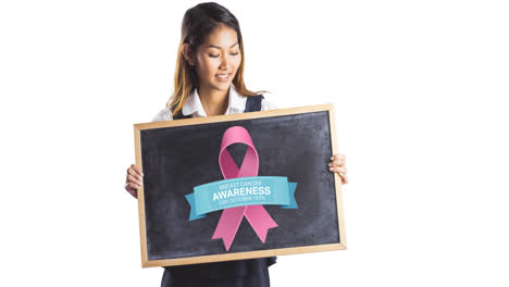 animation of pink ribbon logo with breast cancer text over smiling young woman