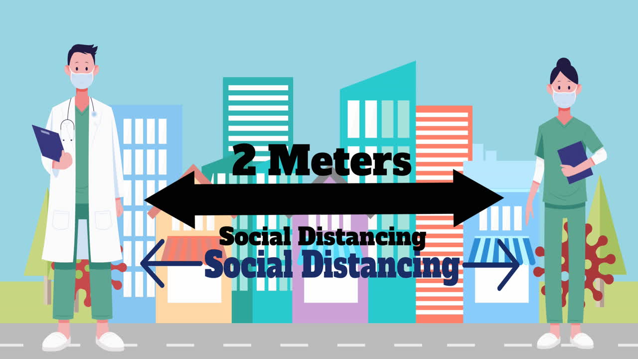 남성과 여성 의사가 도시 풍경에 대한 사회적 거리를 유지하고 있습니다.