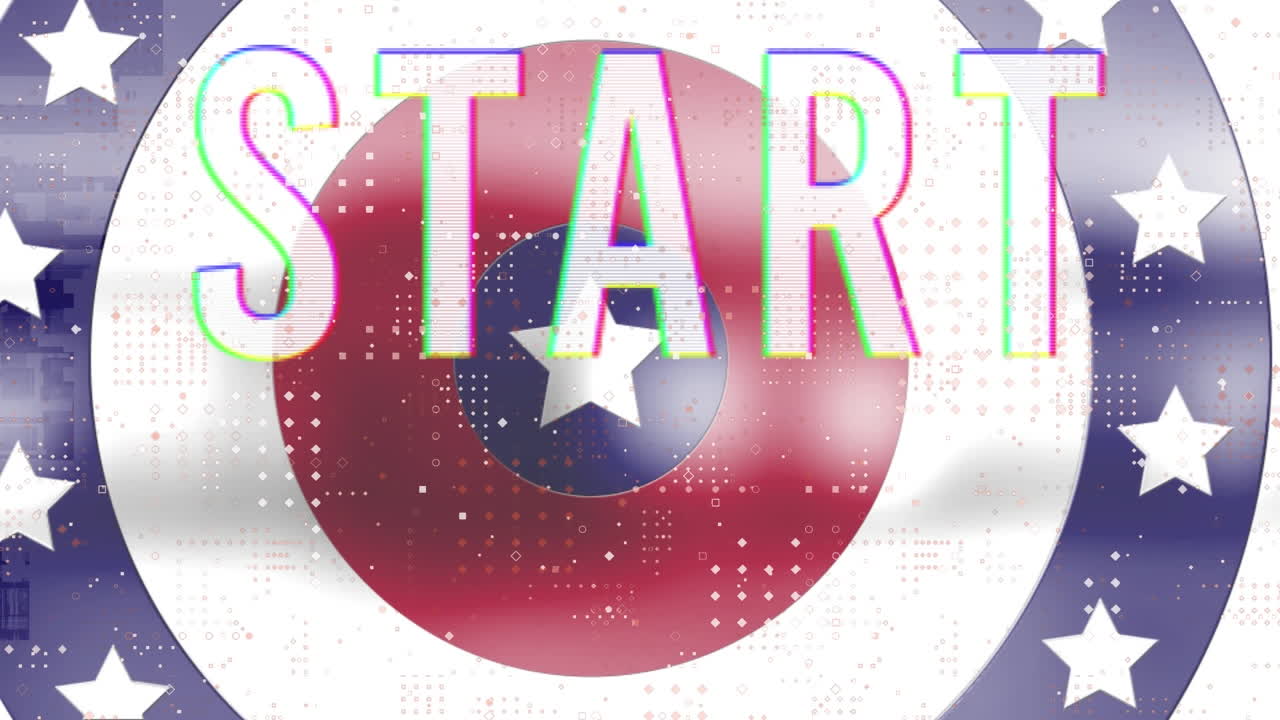 ⁇ 색 바탕에 회전하는 원에 있는 여러 개의 별에 대한 텍스트 및 점 패턴 디자인 시작