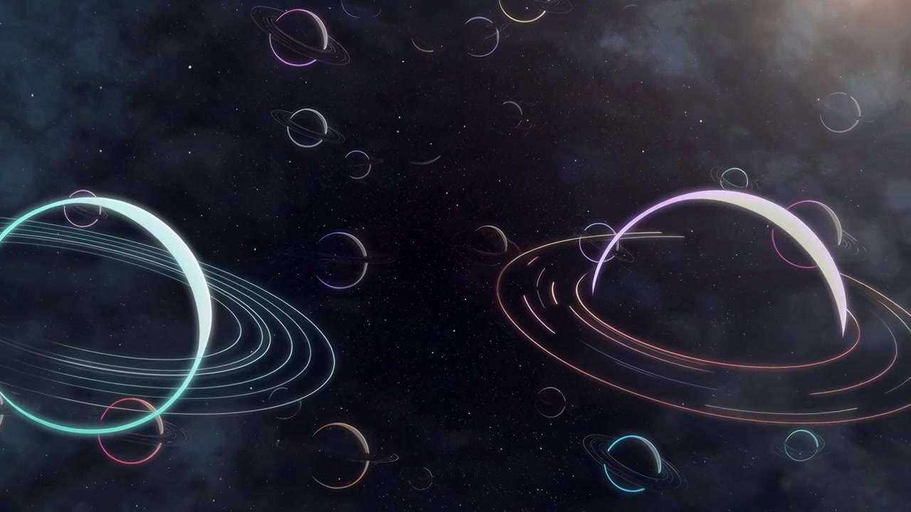 Animazione astratta di pianeti neon luminosi nello spazio oscuro