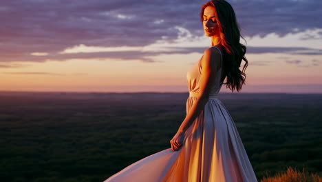 woman in a flowing dress at sunset on a hilltop