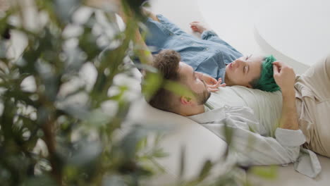 die kamera fokussiert durch eine zimmerpflanze ein junges paar, das auf dem sofa sitzt, sich unterhält und streichelt