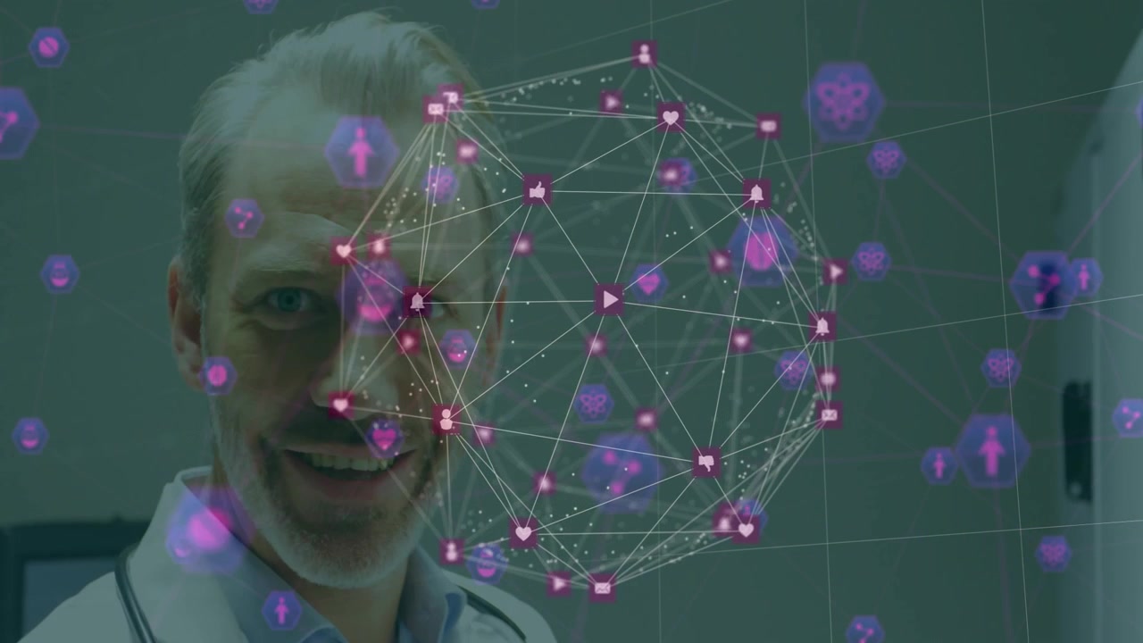 Senior doctor swiping tablet creating health sphere of floating icons for analyzing patient metrics