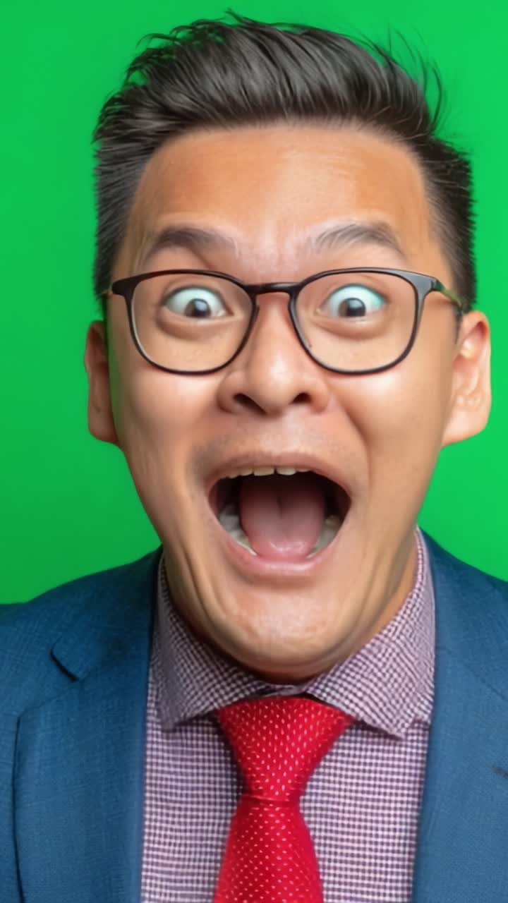 A Surprising Transformation: A Man's Facial Expressions Shift from Shock to Calm in Two Frames Against a Bright Green Background