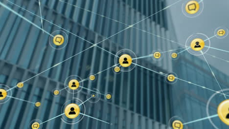 network of connections and social media icons animation over office building