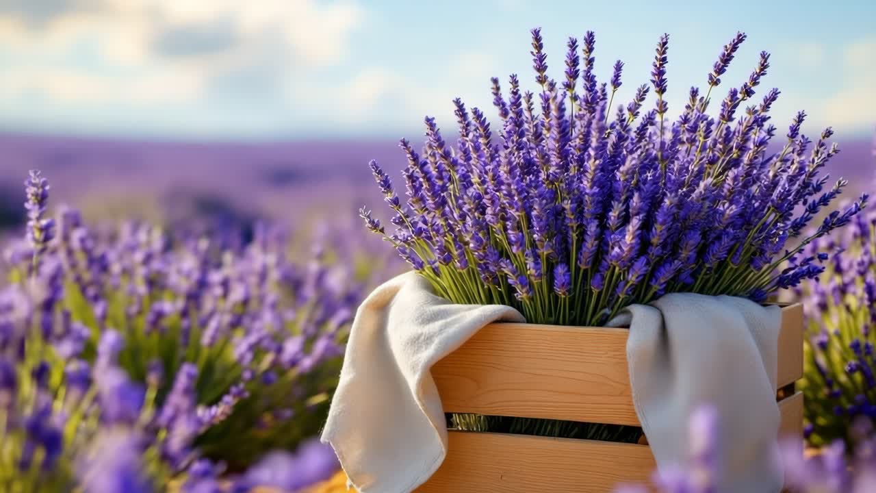 Lavender bouquet in wooden crate with soft fabric, showcasing vibrant colors and natural beauty