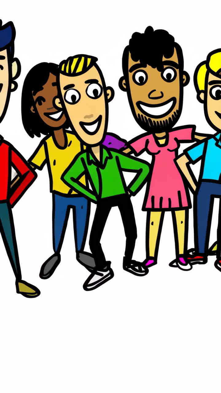 Diverse Cartoon Friends Smiling Together | Premium Stock Video Footage