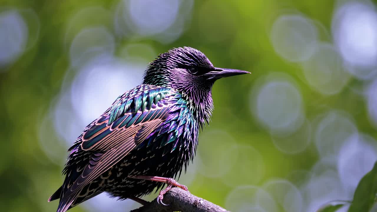 Close-up of a starling perched on a branch, showcasing iridescent feathers