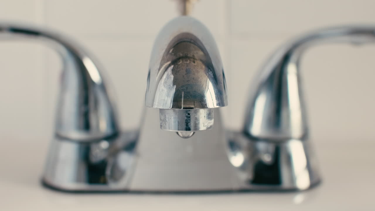 Primo piano medio di un rubinetto dell'acqua del bagno cromato con messa a fuoco sulle goccioline d'acqua che cadono lentamente nel lavandino bianco
